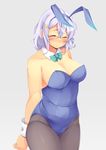  alternate_costume animal_ears bare_shoulders black_legwear blush bow bowtie breasts bunny_ears bunnysuit cleavage closed_eyes detached_collar hair_ornament highres kokka_han large_breasts lavender_hair letty_whiterock pantyhose plump short_hair simple_background solo touhou wrist_cuffs 