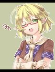  akagashi_hagane bespectacled blonde_hair glasses green_background looking_at_viewer mizuhashi_parsee one_eye_closed open_mouth pointy_ears red-framed_eyewear scarf shirt short_hair short_sleeves simple_background solo touhou wrist_cuffs 