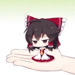  :t ascot bad_id bad_pixiv_id beni_shake black_hair bow brown_eyes dress hair_bow hair_tubes hakurei_reimu halftone halftone_background in_palm long_sleeves minigirl out_of_frame pout pov pov_hands red_dress revision sitting solo_focus touhou wariza wavy_mouth wide_sleeves 