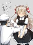  1girl admiral_(kantai_collection) alternate_costume amatsukaze_(kantai_collection) apron apron_pull blush camera dress enmaided frilled_dress frills hair_tubes hat highres kantai_collection long_hair looking_away maid maid_apron maid_headdress max_melon military pantyhose peaked_cap silver_hair simple_background translated twitter_username two_side_up yellow_eyes 