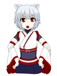  animal_ears blush detached_sleeves hands_on_hips highres hitotsubashi_inari inubashiri_momiji japanese_clothes looking_at_viewer navel open_mouth pom_pom_(clothes) red_eyes short_hair silver_hair simple_background solo touhou white_background wolf_ears 