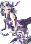  annoyed arm_support bangs bare_shoulders bat_wings black_wings blunt_bangs blush braid breast_hold breasts cat_hair_ornament double_bun hair_ornament haku_(p&amp;d) highres large_breasts legs_together long_hair low_wings multicolored_hair purple_eyes purple_hair purple_ribbon puzzle_&amp;_dragons ribbon sidelocks silver_hair simple_background sitting sleeveless solo tail tail_ornament tail_ribbon thighhighs tiger_tail twin_braids twintails two-tone_hair white_background white_legwear white_ribbon winged_hair_ornament wings yaosera yin_yang 