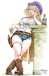  absurdres alcohol arm_support bangs bar blonde_hair blue_eyes blush boots breasts chin_rest cleavage cowboy_boots cowboy_hat crossed_legs cutoffs denim denim_shorts ellie_winslet front-tie_top full_body gun handgun hat highres holster large_breasts long_coat long_hair midriff navel neckerchief original revolver shirt short_hair shorts signature smile solo standing tied_shirt weapon western whiskey yabataso 