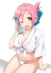 ;d amatsuka_megumi_(gj-bu) arm_support blush bottle bottle_to_cheek bow breasts cleavage collarbone folded_ponytail front-tie_top fundoshi gj-bu hair_bow holding japanese_clothes large_breasts looking_at_viewer midriff navel one_eye_closed open_mouth pink_eyes pink_hair ramune shiny shiny_skin shirt short_hair sitting smile solo tied_shirt white_background yamakasa youkan 
