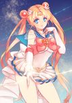  33_(mkiiiiii) back_bow bishoujo_senshi_sailor_moon blonde_hair blue_background blue_eyes blue_sailor_collar bow brooch choker double_bun earrings elbow_gloves gloves hair_ornament hairpin heart heart_choker highres jewelry long_hair magical_girl multicolored multicolored_clothes multicolored_skirt outstretched_hand pleated_skirt red_bow ribbon sailor_collar sailor_moon sailor_senshi_uniform skirt smile solo super_sailor_moon tiara tsukino_usagi twintails white_gloves yellow_choker 