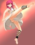  anklet artist_request ass bare_legs barefoot blush breasts clenched_hands dress feet fighting_stance full_body highres jewelry kicking long_hair magi_the_labyrinth_of_magic medium_breasts morgiana necklace no_panties non-web_source one_side_up red_eyes red_hair soles solo toes 