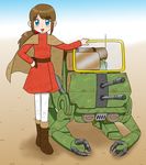  blue_eyes boots brown_hair cape female holster mecha ponytail sentou_mecha_xabungle solo ssffss virin_nada 