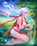  absurdres anklet barefoot blue_hair bracelet breasts earrings flower hair_ornament headband highres jewelry large_breasts loincloth long_hair nature necklace non-web_source open_clothes open_shirt original pelvic_curtain shawli shirt sitting solo tied_hair tree water 