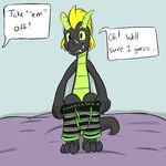  ... 3_toes 4_fingers anthro bed black_body black_scales blush boxers clothed clothing convenient_censorship dialog dragon ear_tuft english_text fangs fur fuze fuzedragon gold_hair green_belly green_eyes green_scales hair hi_res horn looking_at_viewer male mohawk my_little_pony original_character peer_pressure scalie sharp_teeth simple_background sitting skimpy smile solo striped_clothing teeth text tuft underwear undressing unsure 