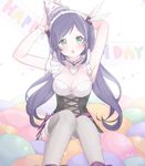  armband artist_name bad_id bad_pixiv_id blush breasts cleavage cleavage_cutout green_eyes happy_birthday hat large_breasts long_hair love_live! love_live!_school_idol_project maid maid_headdress marin_(myuy_3) mogyutto_&quot;love&quot;_de_sekkin_chuu! open_mouth party_hat purple_hair solo thighhighs toujou_nozomi twintails winged_hair_ornament 