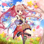  :d boots cherry_blossoms fairy fairy_wings hair_ornament long_hair open_mouth original outstretched_arms petals pink_hair pointy_ears pumpkin_pants purple_eyes shiwasu_horio sky smile solo spread_arms star twintails wings 