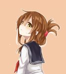 azuuru brown_eyes brown_hair crying crying_with_eyes_open folded_ponytail from_behind hair_ornament hairclip inazuma_(kantai_collection) kantai_collection long_hair looking_back ponytail school_uniform serafuku simple_background solo tears twitter_username 