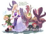  2boys ario blonde_hair blood blue_eyes boots bottle dress earrings elbow_gloves fairy games_done_quick ganondorf gerudo gloves gohma hat highres holding_hands jewelry link long_hair multiple_boys navi open_mouth pincers pointy_ears princess_zelda surprised sweatdrop the_legend_of_zelda the_legend_of_zelda:_ocarina_of_time white_gloves x_x 