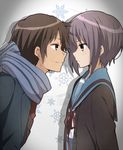  1girl bad_id bad_pixiv_id blazer brown_eyes brown_hair expressionless eye_contact gradient gradient_background grey_hair jacket kita_high_school_uniform kyon looking_at_another nagato_yuki school_uniform serafuku simple_background smile suzumiya_haruhi_no_yuuutsu upper_body yukichi_(eikichi) 