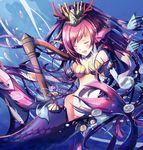  blush bubble closed_eyes collarbone coral elbow_gloves facing_viewer fish gloves harp head_fins highres instrument long_hair mermaid monster_girl music navel open_mouth playing_instrument purple_hair puzzle_&amp;_dragons shadowsinking shell shell_bikini singing siren_(p&amp;d) smile solo submerged underwater 