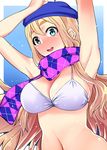  argyle argyle_scarf arms_up bad_id bad_pixiv_id beret bikini blonde_hair blue_eyes blush breasts full-face_blush hat highres k-on! k-on!_movie kotobuki_tsumugi large_breasts long_hair misibe scarf solo swimsuit 