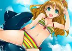  bikini blush breasts brown_hair cleavage dolphin green_eyes hino_akane_(idolmaster) idolmaster idolmaster_cinderella_girls long_hair medium_breasts open_mouth ponytail sawamura_hikaru smile solo swimsuit water 