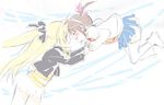  2girls blonde_hair blush brown_hair eyes_closed fate_testarossa hair_ornament hand_holding lyrical_nanoha mahou_shoujo_lyrical_nanoha mahou_shoujo_lyrical_nanoha_a&#039;s mahou_shoujo_lyrical_nanoha_a's multiple_girls pigtails short_twintails skirt takamachi_nanoha thighhighs tokoharu twintails yuri zettai_ryouiki 