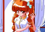  adjusting_hair animahjong_x animated animated_gif artist_request long_hair looking_at_viewer lowres orange_eyes orange_hair rumi_(animahjong_x) short_sleeves sogna solo undressing 
