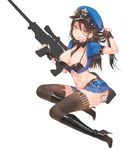  ammunition_belt black_hair black_legwear boots breasts brown_hair caitlyn_(league_of_legends) cuffs gun handcuffs hat huge_breasts knee_boots league_of_legends licking_lips midriff miniskirt mx2j_(nsh6394) navel officer_caitlyn pinky_out police police_uniform policewoman rifle scope skirt solo sunglasses thighhighs tongue tongue_out unfinished uniform weapon 