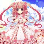  cloud day flower hair_flower hair_ornament hands_clasped light_particles lolita_fashion long_hair original own_hands_together parted_lips pink_hair pointy_ears purple_eyes rose shiwasu_horio sky solo twintails very_long_hair 