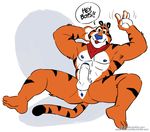  anthro anus artdecade balls biceps erection feline humanoid_penis kellogg&#039;s kellogg's looking_at_viewer male mammal mascot muscles nude open_mouth penis seated solo text tiger tony_the_tiger uncut 