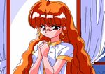  animahjong_x animated animated_gif artist_request breasts long_hair looking_at_viewer lowres nipples orange_eyes orange_hair pc98 rumi_(animahjong_x) see-through small_breasts sogna solo undressing 