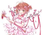  :d ahoge branch brown_hair cardcaptor_sakura cherry_blossoms flower fuuin_no_tsue green_eyes hair_flower hair_ornament holding kinomoto_sakura mielang open_mouth petals ribbon simple_background smile solo staff twintails two_side_up white_background 