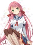  akashi_(kantai_collection) bad_id bad_pixiv_id black_legwear flower green_eyes hair_ornament hair_ribbon head_tilt kantai_collection long_hair looking_at_viewer nunucco pink_hair pleated_skirt ribbon school_uniform serafuku signature sitting skirt smile solo thighhighs zettai_ryouiki 