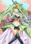  arm_up bad_id bad_pixiv_id black_legwear bow breasts cleavage detached_sleeves frills green_eyes green_hair green_skirt hair_bow hydrokinesis large_breasts long_hair midriff multicolored_bow navel original pleated_skirt ponytail shinki_kakusei_melty_maiden skirt smile solo striped striped_bow sword tamashiro thighhighs water weapon 
