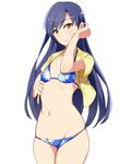  bikini blue_hair brown_eyes dress_shirt flat_chest idolmaster idolmaster_(classic) kisaragi_chihaya long_hair open_clothes open_shirt q_(a72pgc) shirt solo swimsuit 