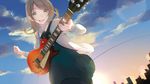  :d brown_eyes brown_hair dutch_angle electric_guitar guitar instrument koyubi_right light_particles music open_mouth original playing_instrument pleated_skirt school_uniform skirt smile solo twilight 