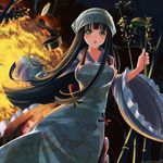  apron bamboo black_hair breasts brown_eyes fire hat houraisan_kaguya ladle large_breasts long_hair long_sleeves looking_at_viewer open_mouth shirt skirt solo touhou umigarasu_(kitsune1963) very_long_hair wide_sleeves 