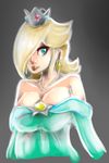  blonde_hair blue_eyes breasts cleavage crown dress earrings jewelry looking_to_the_side mario_(series) monochrome_background rosetta_(mario) sketch super_mario_bros. xpisigma 