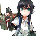  angry arm_warmers asashio_(kantai_collection) backpack bag black_hair blouse blue_eyes cannon gun itomugi-kun kantai_collection lips long_hair randoseru school_uniform skirt solo suspenders turret weapon 