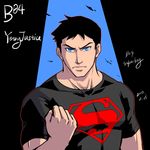  1boy 2013 blue_eyes character_name clenched_hand dc_comics fist male male_focus riyan s_shield shirt solo superboy t-shirt young_justice:_invasion 