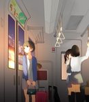  absurdres bag black_hair brown_eyes brown_hair casual hand_grip handbag highres jewelry koyubi_right multiple_girls necklace original ponytail reflection school_uniform short_hair solo_focus standing suitcase train_interior twilight 