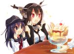  akatsuki_(kantai_collection) artist_name bad_id bad_pixiv_id black_eyes black_hair cherry drooling food fruit hat headgear ice_cream kantai_collection long_hair multiple_girls nagato_(kantai_collection) nunucco open_mouth pudding red_eyes sparkle sundae wafer wafer_stick 