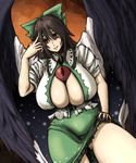  bird_wings bow breasts brown_hair cape cleavage cleavage_cutout curvy embarrassed green_skirt hair_bow hand_on_own_head hand_on_thigh hanemikakko huge_breasts long_hair plump red_eyes reiuji_utsuho shirt skirt skirt_lift sleeves_rolled_up smile solo sweatdrop thick_thighs thighs third_eye touhou wings 