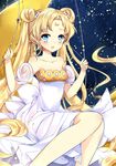  back_bow bad_hands bare_legs bare_shoulders bishoujo_senshi_sailor_moon blonde_hair blue_eyes bow double_bun dress highres leeannpippisum long_hair princess_serenity smile solo strapless strapless_dress tsukino_usagi twintails white_dress 