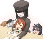  &gt;_&lt; :d akatsuki_(kantai_collection) akitsu_maru_(kantai_collection) bad_id bad_pixiv_id black_hair blue_eyes blush brown_hair child_drawing closed_eyes clothes_grab commentary_request crying flat_cap folded_ponytail gloves hair_ornament hairclip hand_on_another's_head hat hibiki_(kantai_collection) ikazuchi_(kantai_collection) inazuma_(kantai_collection) kantai_collection long_sleeves motherly multiple_girls open_mouth petting remodel_(kantai_collection) sawatari_(sado) school_uniform serafuku silver_hair sitting sitting_on_lap sitting_on_person smile table tears white_gloves younger 