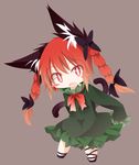  animal_ears blush_stickers bow braid bright_pupils cat_ears cat_tail cropped_legs daidai_ookami dress fang hair_bow kaenbyou_rin long_hair open_mouth red_eyes red_hair simple_background sleeves_past_wrists slit_pupils solo tail touhou twin_braids twintails 