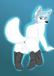  anthro anus balls blue_eyes butt canine fox fur girly hair looking_at_viewer looking_back male mammal nude presenting smile socks solo stereoflip white_fur 