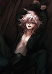  bdsm black_eyes bondage bound danganronpa jacket komaeda_nagito male_focus multiple_boys open_clothes open_jacket out_of_frame solo_focus stepped_on super_danganronpa_2 white_hair zishanjiang 