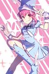  blush boots dress hat high_heels holding jakuzure_nonon kill_la_kill looking_at_viewer pink_hair red_eyes shadowsinking short_hair smile solo sparkle wand wrist_cuffs 