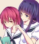  anger_vein book cheek_poking finger_to_cheek hirose_sumire holding long_hair miyanaga_teru multiple_girls poking purple_eyes purple_hair red_eyes red_hair saki saya_(ccmkk54) school_uniform serafuku shiraitodai_school_uniform short_hair simple_background smile yuri 