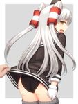  amatsukaze_(kantai_collection) ass assisted_exposure black_panties brown_eyes dress dress_lift fang gloves hair_tubes highres kantai_collection long_sleeves looking_at_viewer looking_back open_mouth out_of_frame panties pov pov_hands sailor_dress shinyashiki short_dress silver_hair solo_focus two_side_up underwear white_gloves 