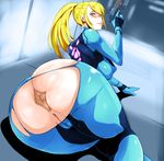  anus arm_support ass ass_focus blonde_hair blue_eyes blush bodysuit breasts covered_clitoris covered_nipples gun highres holding holding_gun holding_weapon large_breasts looking_at_viewer looking_back lying metroid no_panties nuezou on_side partially_visible_vulva ponytail pussy samus_aran solo source_request torn_bodysuit torn_clothes uncensored weapon zero_suit 