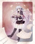  bad_id bad_pixiv_id black_gloves book boots bow braid copyright_name danganronpa danganronpa_1 gloves hair_bow hair_ornament hair_ribbon highres kirigiri_kyouko long_hair nonono paper parted_lips pleated_skirt purple_eyes ribbon school_uniform silver_hair single_braid skirt solo 