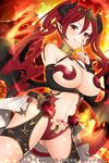  :q breast_rest breasts bridal_gauntlets choker company_name copyright_name demon_girl demon_horns demon_wings earrings fiery_background finger_to_mouth fire gem horns jewelry large_breasts long_hair navel niiko original pointy_ears red_eyes red_hair revealing_clothes shinki_kakusei_melty_maiden smile solo tongue tongue_out twintails v-shaped_eyebrows wings 